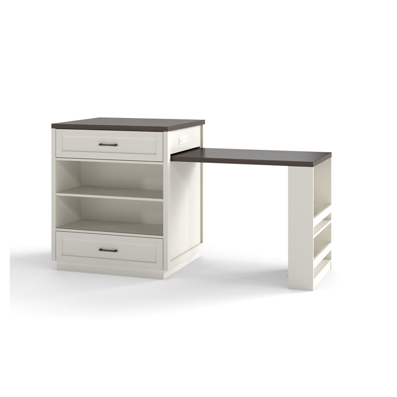83.1" Extendable Kitchen Island with Slide-Out Dining Table, Creamy White MDF and Glass Console
