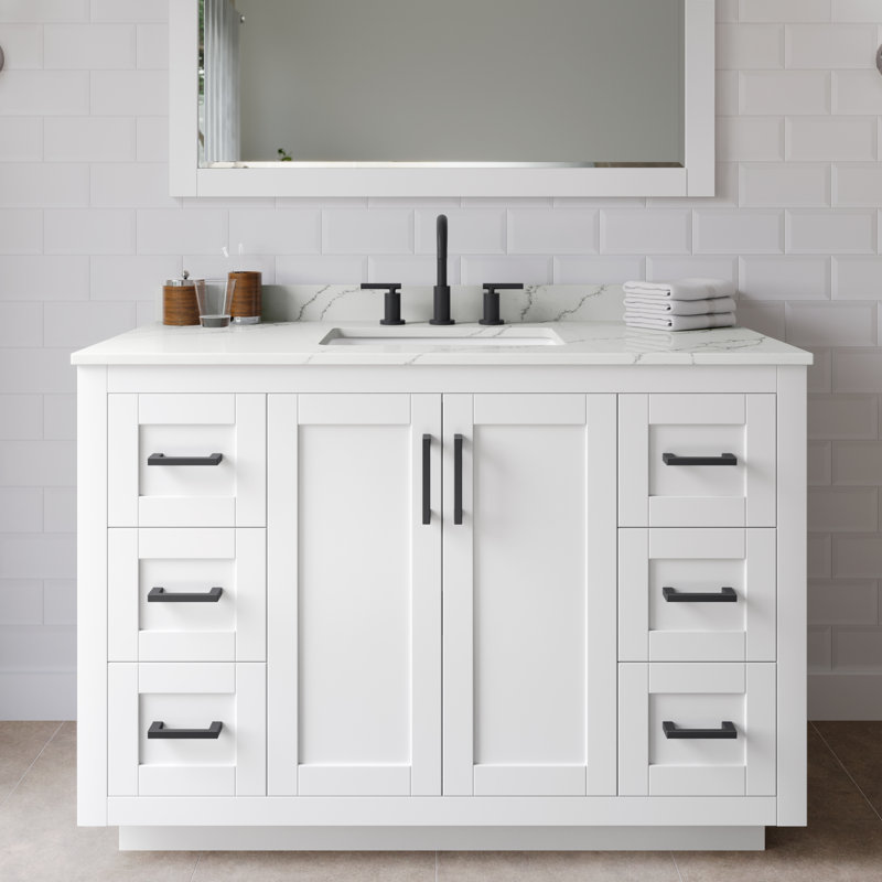 Ensemble de meuble-lavabo simple autoportant 48 po avec plateau en quartz Miranda, Quartz Giotto, Blanc, Noir mat