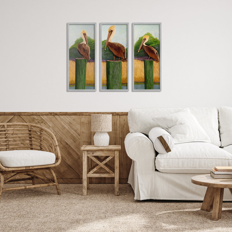 «Blue Eyed Pelicans in Marsh», ensemble de 3 giclées encadrées, design par Barbara Fallenbaum, H 24 po x l 10 po