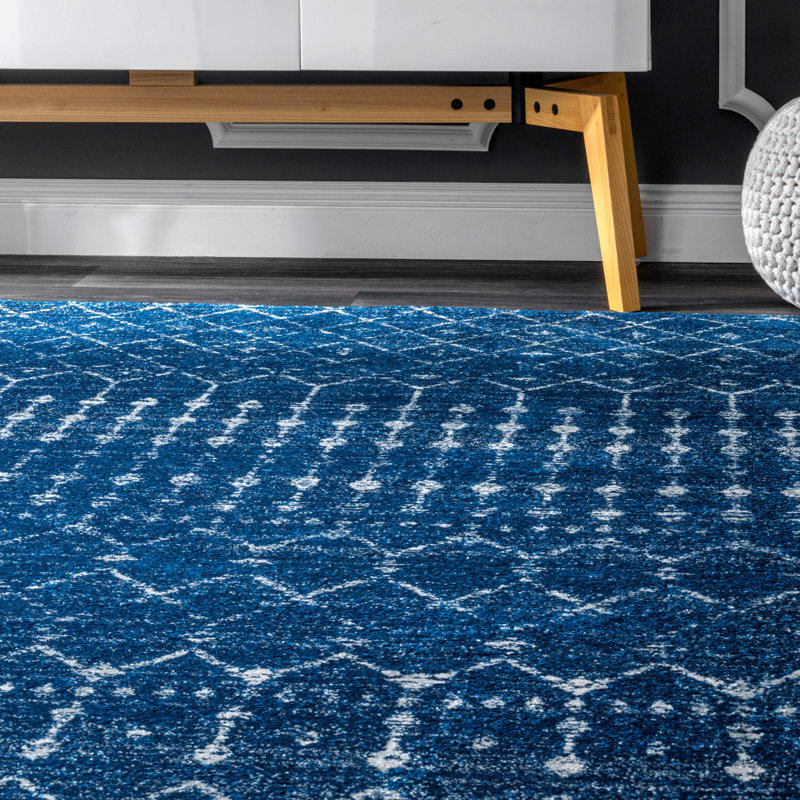 Maslah Geometric Moroccan Power Loom Performance Blue Rug, Rectangle 5' x 7'5"
