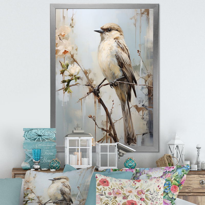 Minimalisme, oiseau beige sur une branche, Cadre simple argenté, H 40 po x l 30 po x P 1,5 po