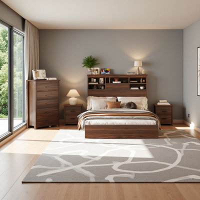Ensemble de chambre à coucher 4 pièces, cadre de lit grand en bois avec tête de rangement et station de charge, 2 tables de chevet avec 2 tiroirs, 1 commode avec 5 tiroirs