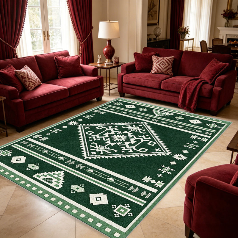 Green Southwestern carpet-easy to clean, machine-washable, soft and comfortable; suitable for door mats, kitchens, living rooms, bedrooms, corridors, and laundry areas. Easy to clean, durable carpet for home decoration.