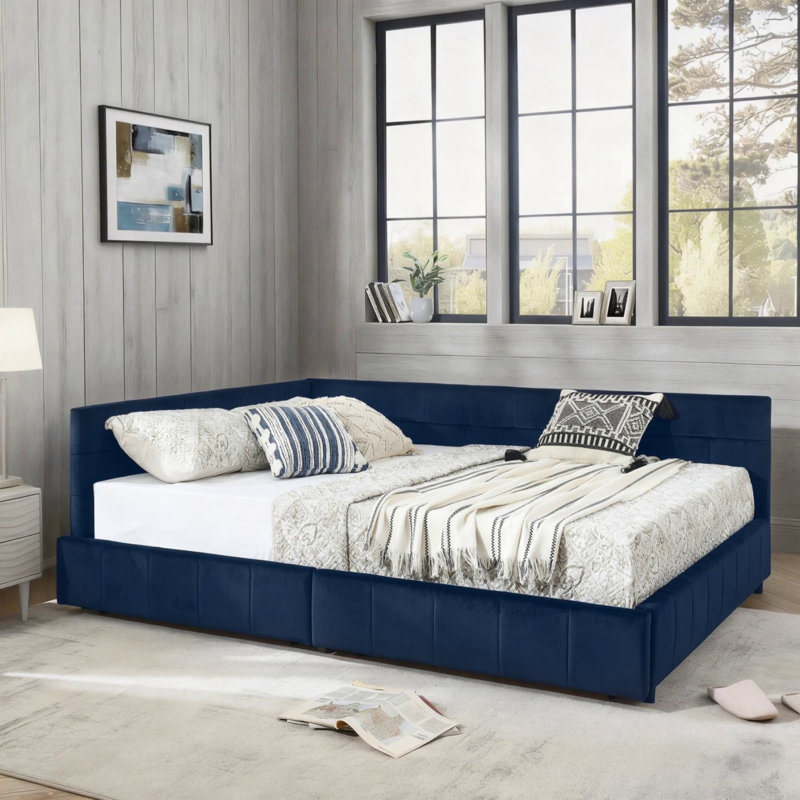 Structure de lit tapissier pour grand lit, Grand, Bleu foncé