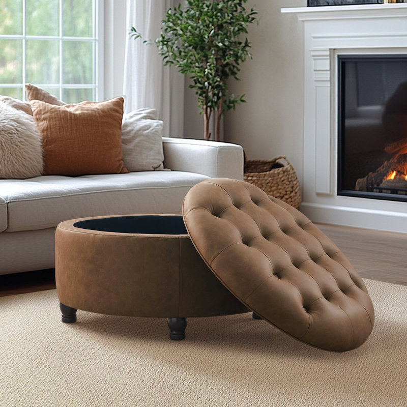 Dimitrika 30'W Faux Leather Tufted Round Storage Ottoman, Light Brown