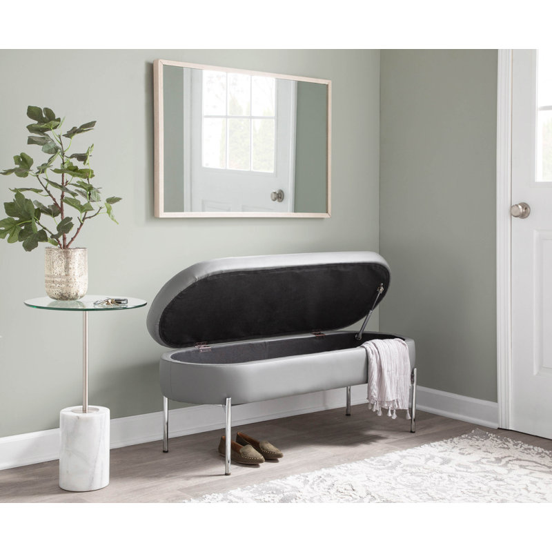 Banc de rangement contemporain en métal chromé et similicuir gris