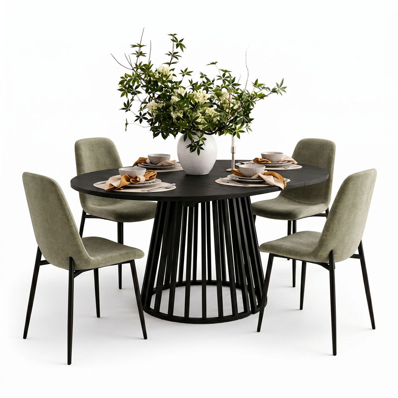 4- Person Dining Table Sets With Extendabe Oval Table & 4 Upholstered Chenille Dining Chairs, Green
