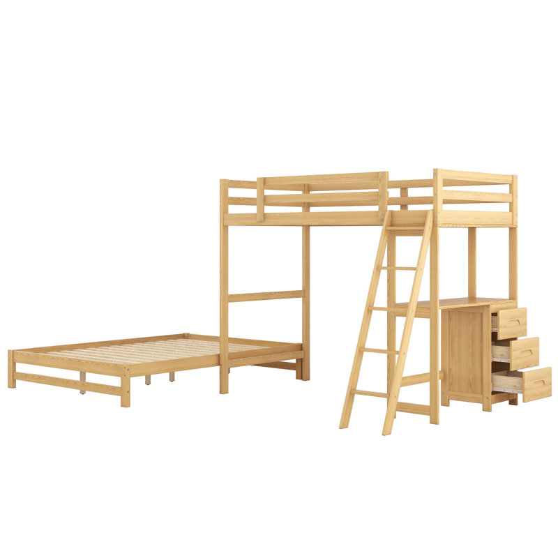 Twin Over Full Bunk Bed with Desk and Storage Drawers, Wooden Loft Bed for Kids and Teens, Natural