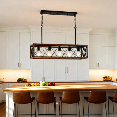 Lustre linéaire à 5 lumières pour îlot de cuisine et salle à manger, luminaire suspendu de style campagnard réglable avec finition grain de bois, luminaire de plafond rustique