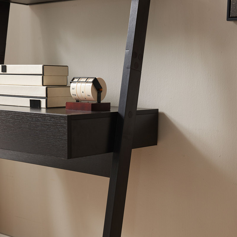 Échelle de bibliothèque compacte avec deux tablettes et un tiroir, idéale pour le rangement et la présentation peu encombrants dans les maisons modernes.