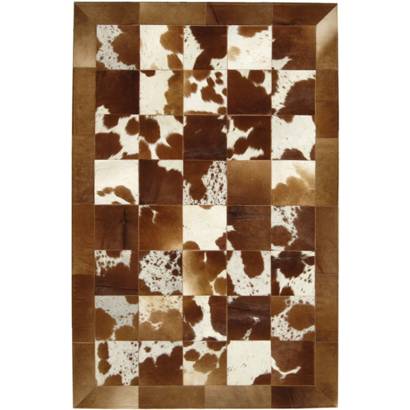 Handmade Natural Brown and White Cowhide Patchwork Rug, 4' x 6'