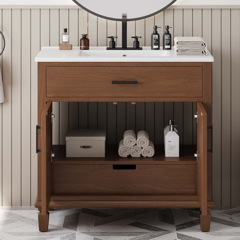 Meuble-lavabo en rotin 36 po avec lavabo en céramique, meuble-lavabo moderne avec portes et tiroirs à fermeture en douceur, meuble-lavabo autoportant avec pieds en bois massif et grand espace de rangement