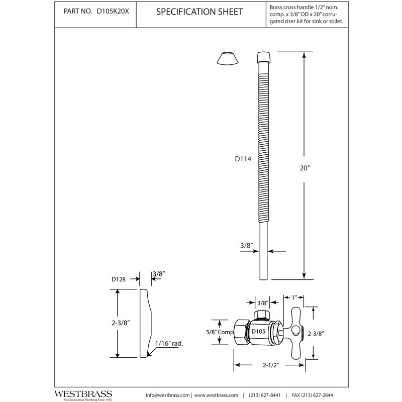 Trousse d'alimentation pour robinet et toilette 5/8 po x 3/8 po x P 20 po avec robinet d'arrêt à angle en croix, Nickel poli