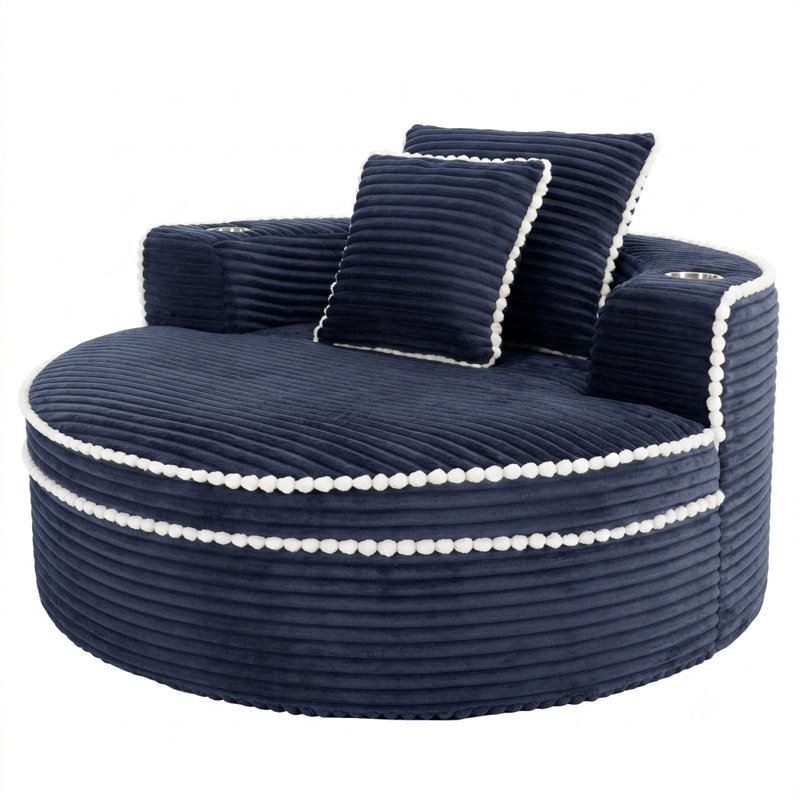 Canapé-lit rond convertible en mousse à mémoire de forme avec porte-gobelet et rangement, Bleu
