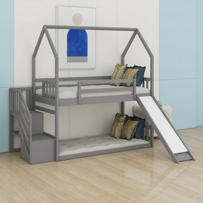 Lit superposé simple au-dessus de simple avec glissière convertible et escalier de rangement, cadre de lit en bois multifonctionnel avec garde-corps pleine longueur