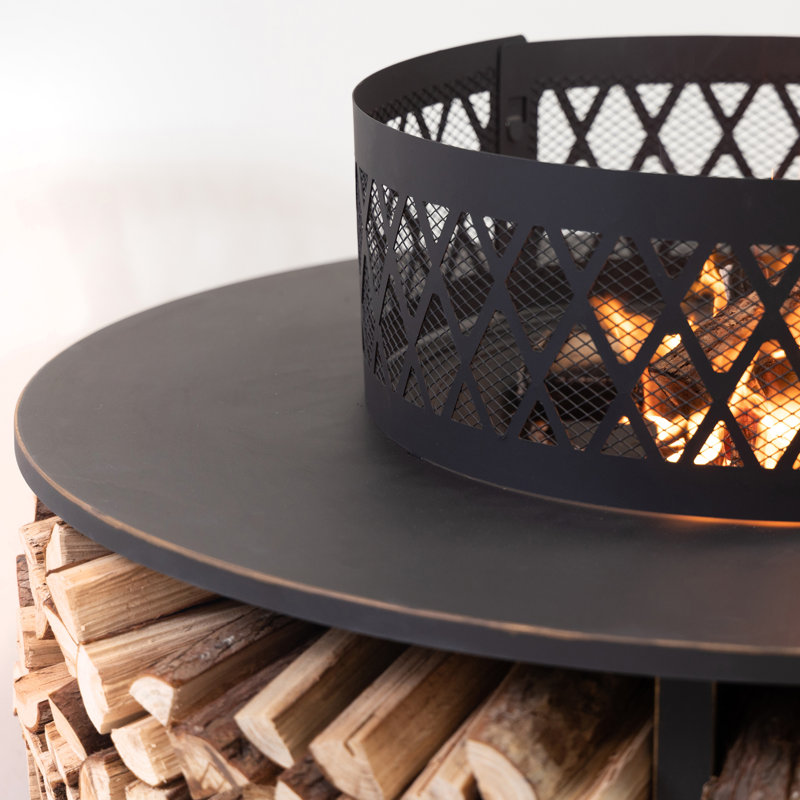 Foyer d'extérieur au feu de bois de 38 po de diamètre avec rangement pour bûches, tisonnier et écran Deko Living
