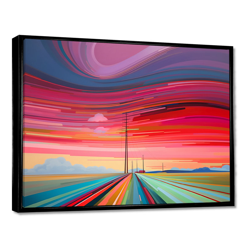 «Red Sunset Mimal Country Road horizontal Waves», paysage abstrait, art mural, Cadre flottant noir, H 12 po x l 20 po