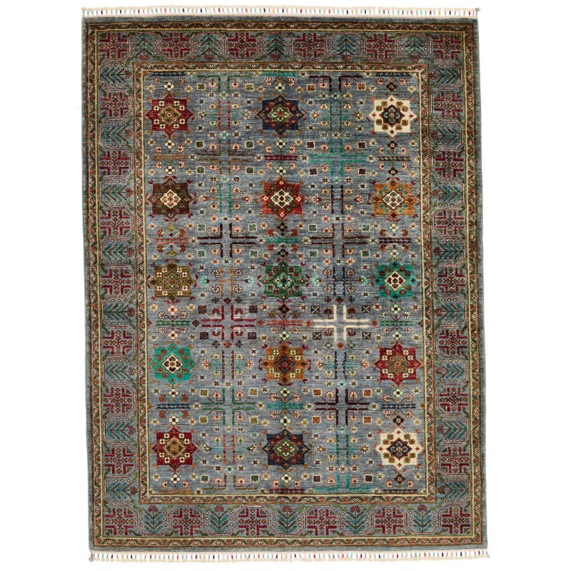 Tapis tribal turc gris et multicolore 5 x 7
