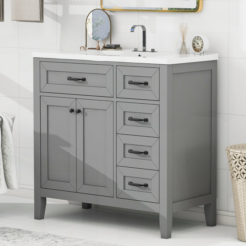 Meuble-lavabo 36 po avec lavabo, armoire blanche avec tiroirs, structure en bois massif et panneau de fibres à densité moyenne