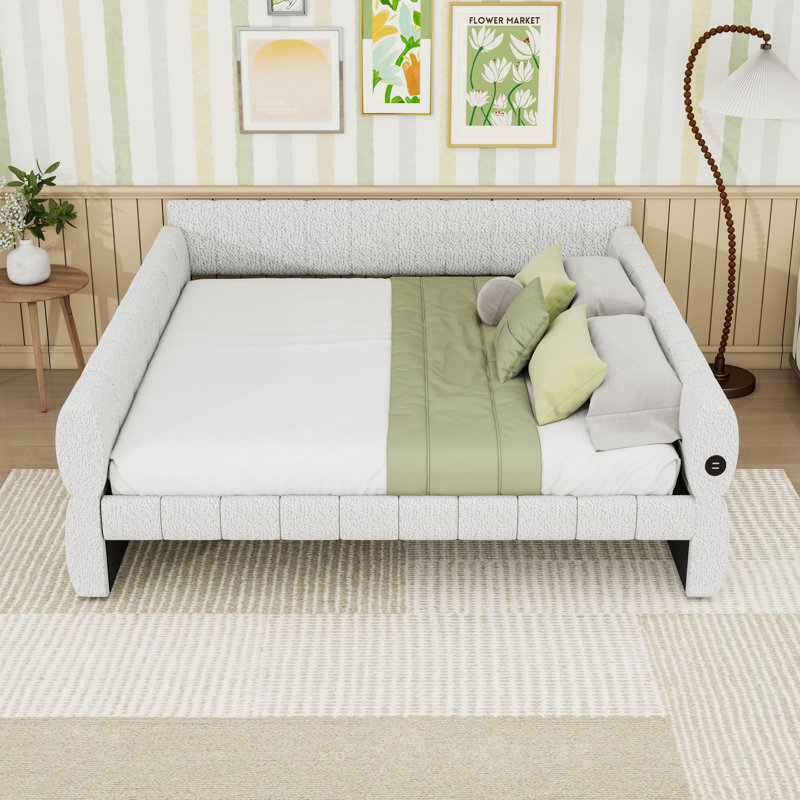 Upholstered Daybed Frame with USB Ports, White