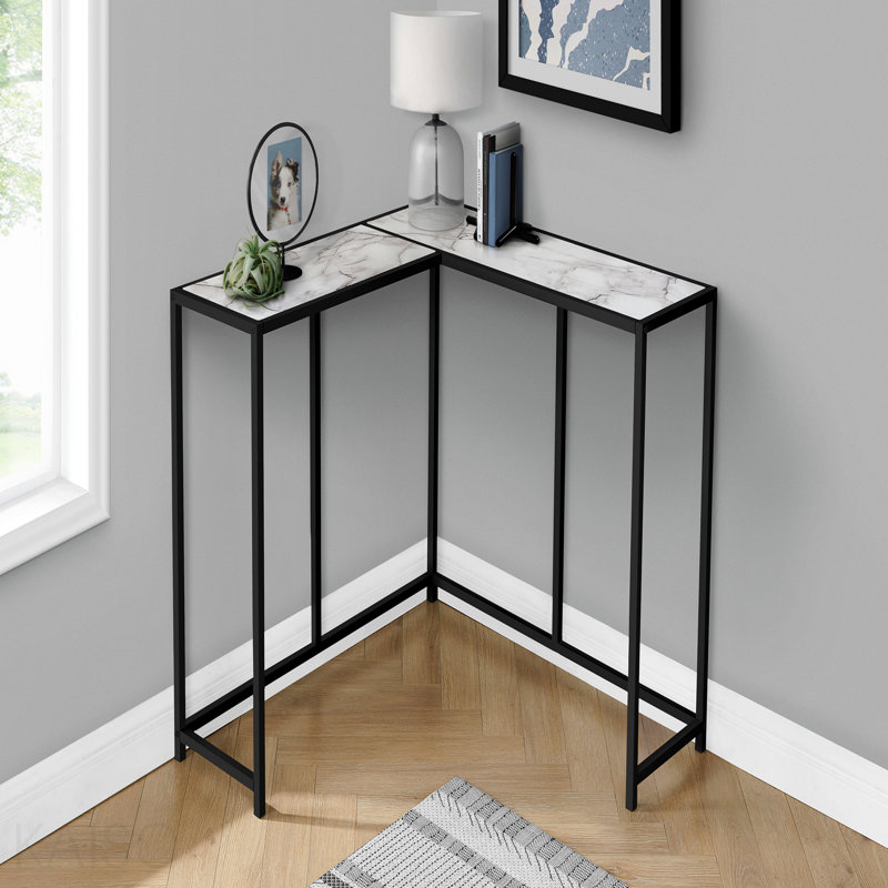Console décorative, stratifié aspect marbre, métal noir pour le salon - blanc, 32" H x 36" W x 36" D, White, White, White