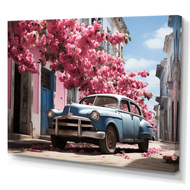 Voiture rose et turquoise de La Havane - Transport, reproduction d'art mural, H 34 po x l 44 po, Toile tendue