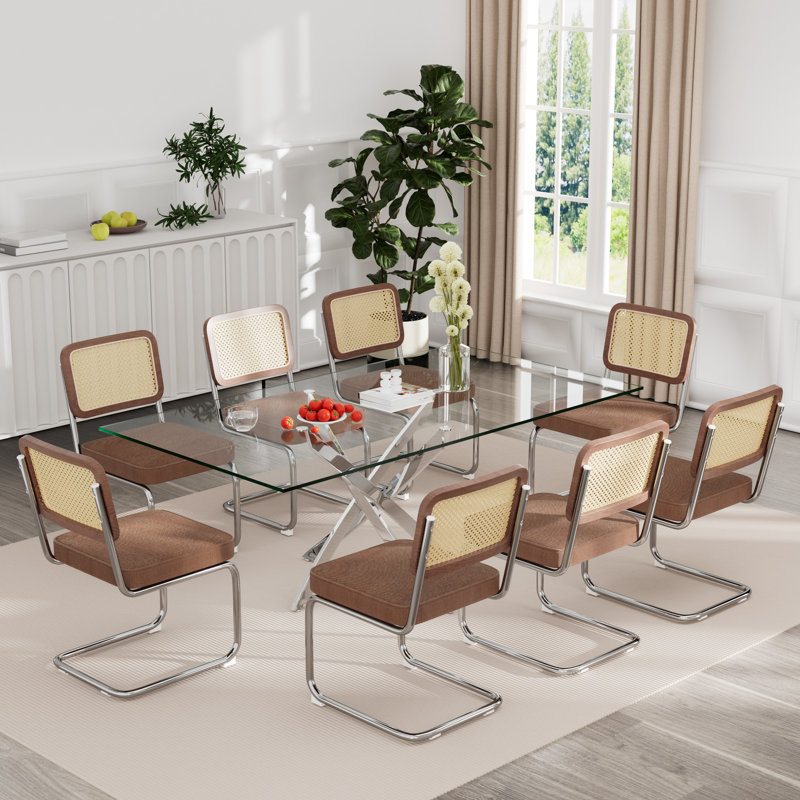 Ensemble de table rectangulaire en verre trempé, 9, Café / Argent