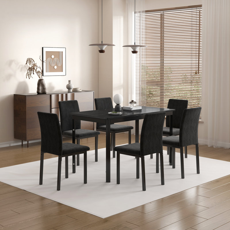 Ensemble 7 pièces de table de salle à manger rectangulaire moderne pour 6 personnes avec plateau en faux marbre et chaises rembourrées en velours confortable de 51 po