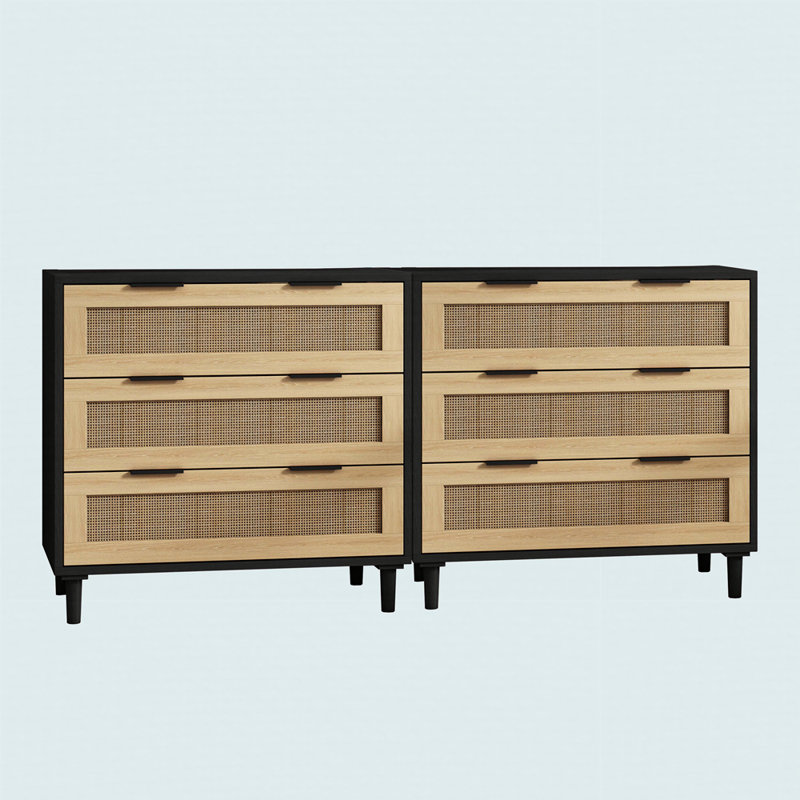 Armoire de rangement en rotin 3 tiroirs, Noir, noir, noir, noir