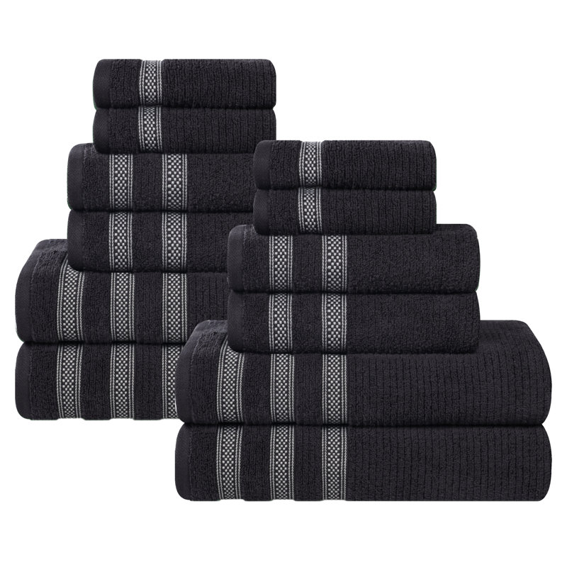 Ensemble de serviettes de bain 12 pièces à bordure géométrique en coton doux et très absorbant Orletta, Black