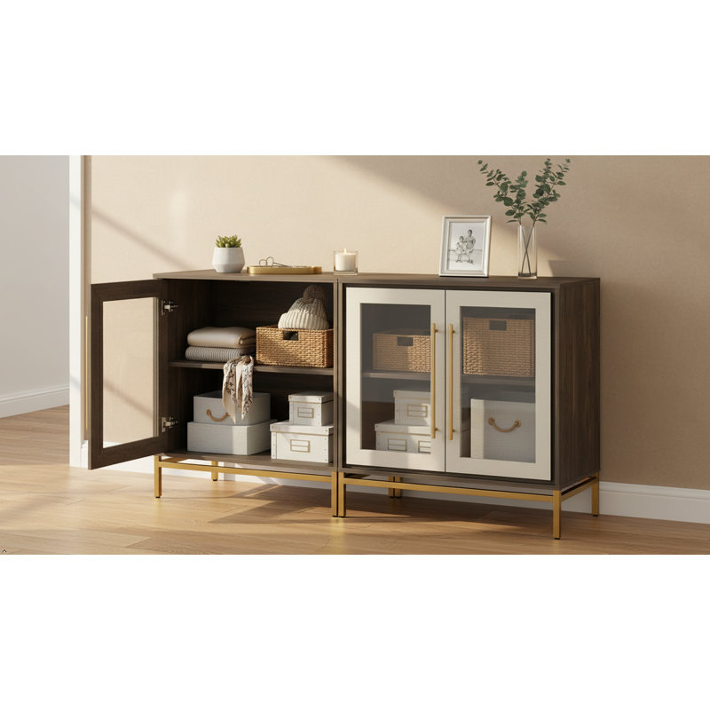 Leather Double Glass Door Cabinet