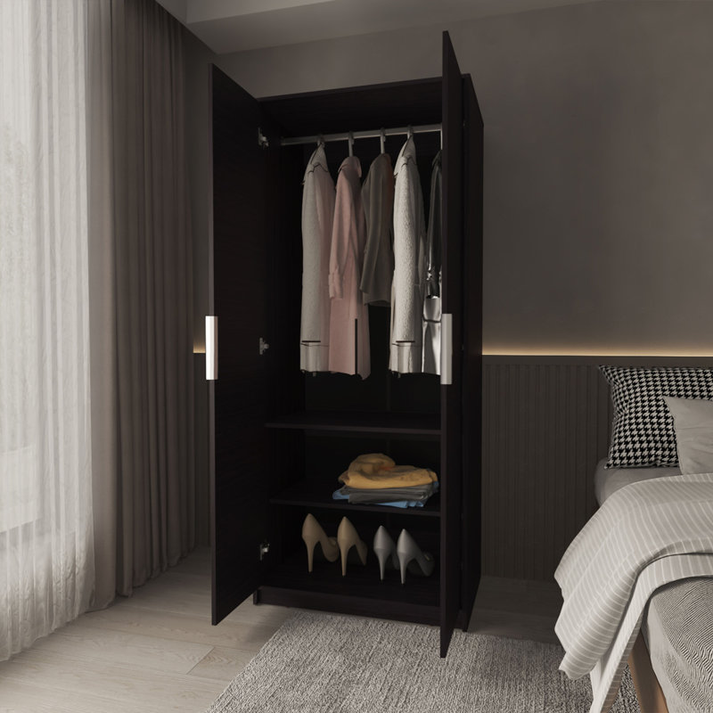 Armoire 2 portes 2 tablettes avec tringle et range-chaussures