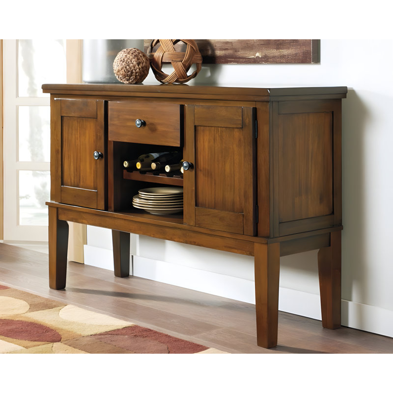 Rustic Brown Dining Buffet With Wine Rack, Adjustable Shelves, And Storage