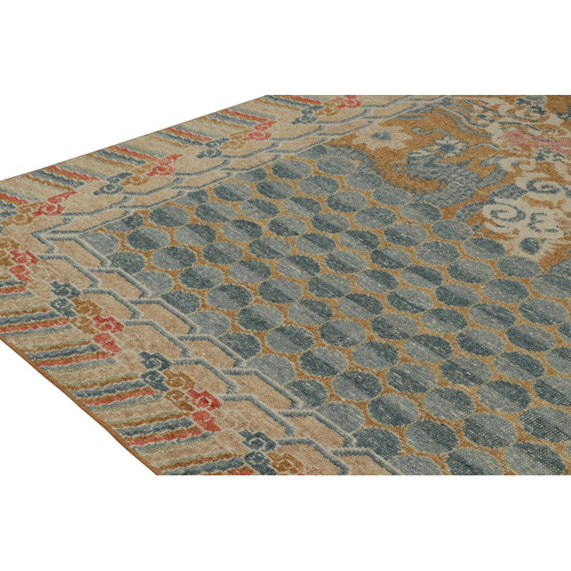 Rug & Kilim’S Distressed Dragon Rug In Ochre, Blue And Red Pictorial, Runner 3' x 14'