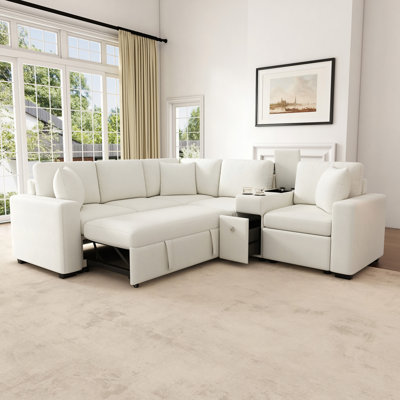 120.5" L-shaped Convertible Sofa Bed Modular Sectional Sofa Reversible Sleeper with Pull-Out Bed, Cup Holders, and Ample Storage Space for Living Room