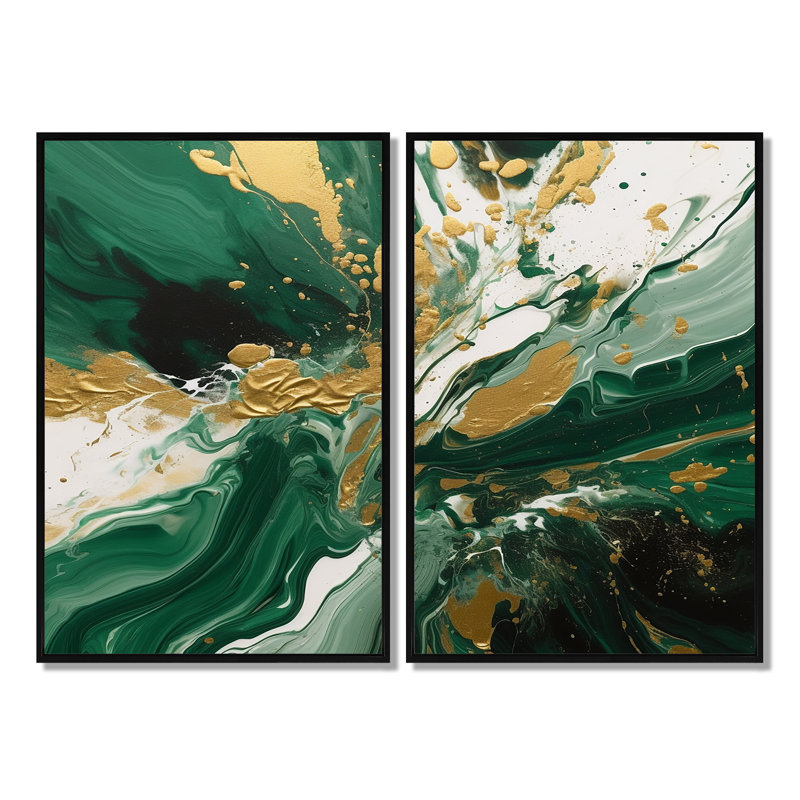 «Green and Gold», art mural abstrait sur toile, 36" H x 48" W, Floater Framed Print without Mat, Black