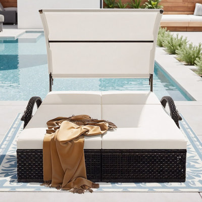 Outdoor Steel Frame Double Sun Lounger, Patio Daybed with 5-Position Adjustable Backrest and Canopy, Hidden Side Table & Arched Armrests, for Pool, Patio, Garden, Backyard