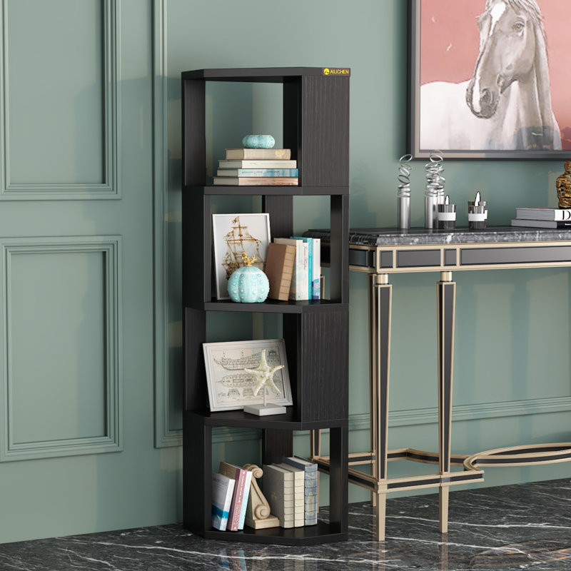 Corner Bookshelf, 4 Tiers Wooden Corner Bookcase Bookshelf Large Open Storage Display Rack with Fixture for Living Room Bedroom Study Office