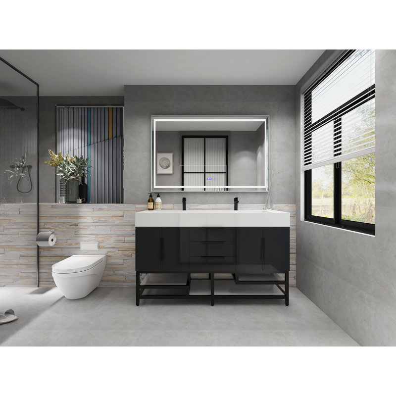 Jessica 60'' Single Bathroom Vanity with Stone Top, Gloss Gray