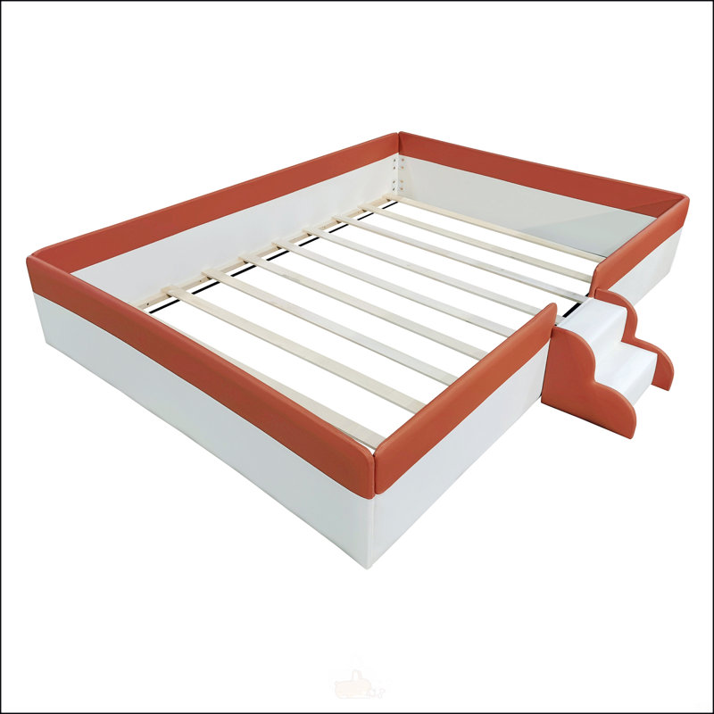 King Size Upholstered Daybed Frame With Fence And Stairs, Perfect For Luxurious Comfort And Space Optimization, Brown/White