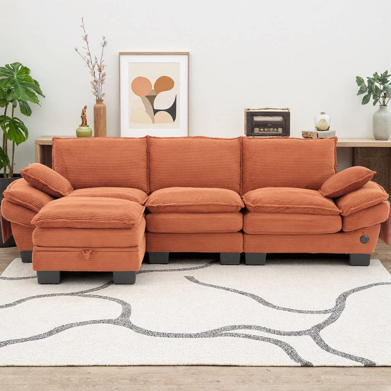 L-Shaped Corduroy Cloud Modular Sofa with Storage Ottoman, 102" Deep Seat Sectional, USB Ports & Phone Pockets, 3-Seat Convertible Couch for Living Room, Apartment, Office