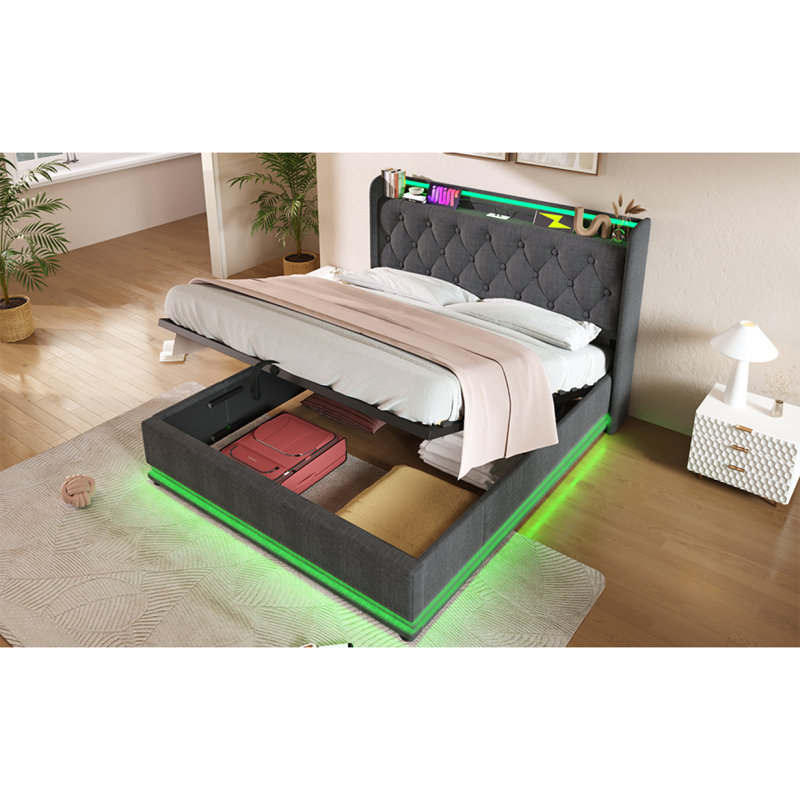 Grand lit tapissier, fonction DEL à 360 degrés, boutons / applications / télécommande, lit de rangement hydraulique avec chargement USB Type-C, gris, lin (sans matelas)