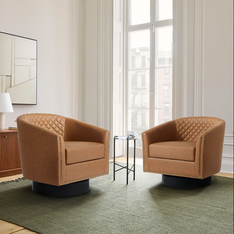 Bennett Upholstered Coffee Faux Leather Tufted Barrel Small Swivel Chair with Nailhead Trim, Coffee Faux Leather