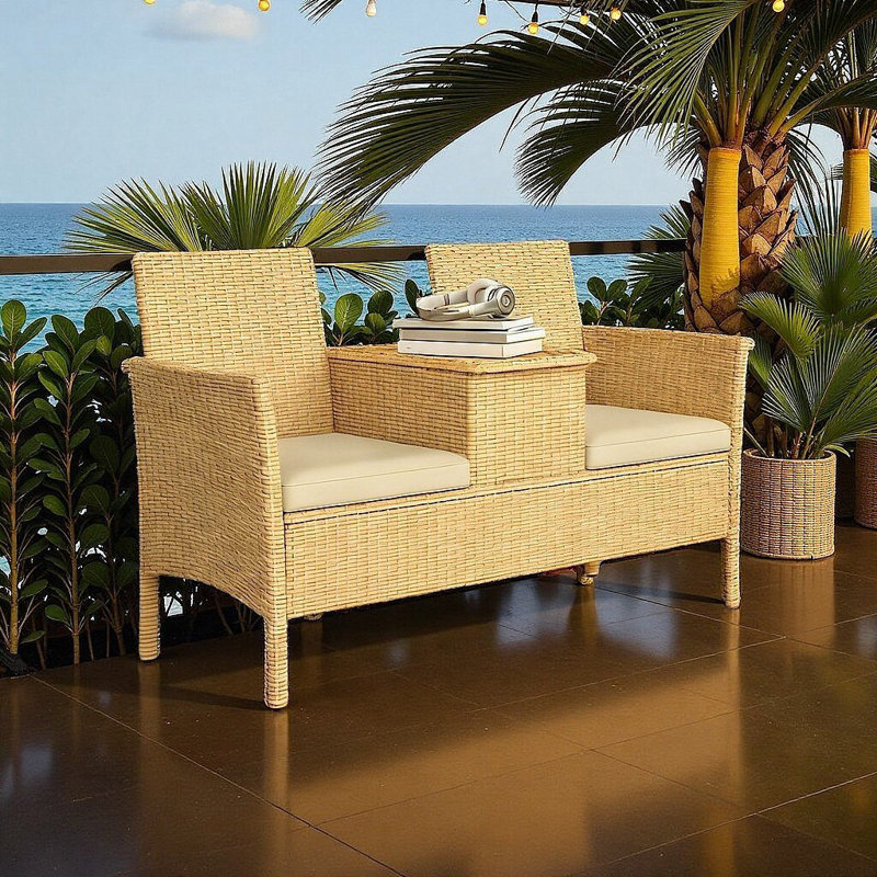Breezy Patio Loveseat Sofa with Flip-Up Acacia Table & Storage | Outdoor Cushioned Garden Set | Compact Design