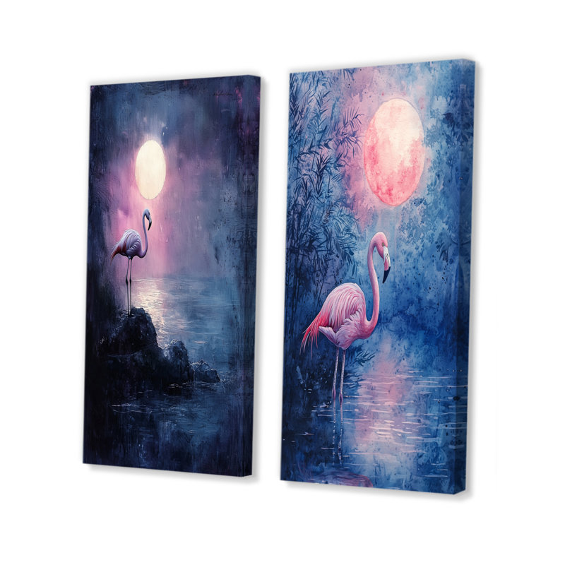 Flamant rose au clair de lune I - Collection d'art mural 2 panneaux animaux, H 28 po x l 25 po, Toile tendue