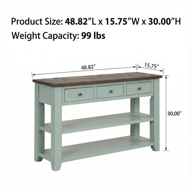 Console en bois massif avec 3 tiroirs et 2 tablettes