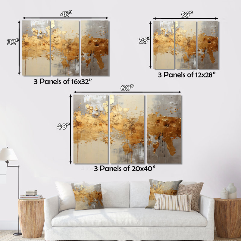 Golden Gleam V sur toile, ensemble de 3 pièces, H 28 po x l 36 po x P 1 po