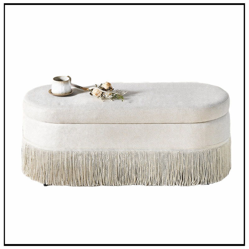 Banc ovale rembourré avec rangement rabattable et pieds robustes, Beige