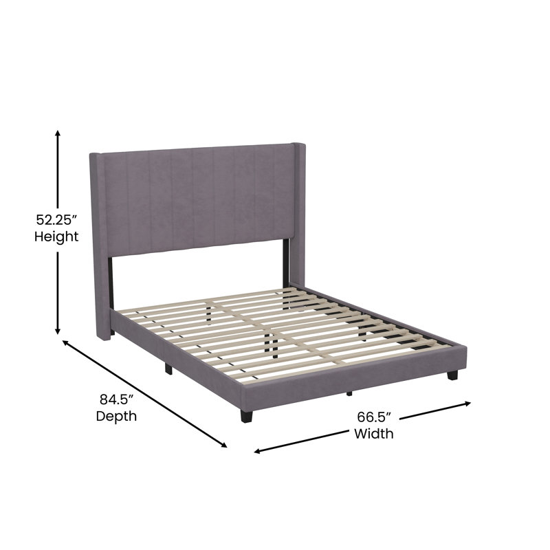 Gray Velvet Upholstered Queen Platform Bed with Headboard