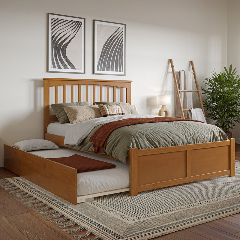 Huntsville Solid Wood Platform Bed with Footboard & Full Roll Out Trundle, Light Toffee
